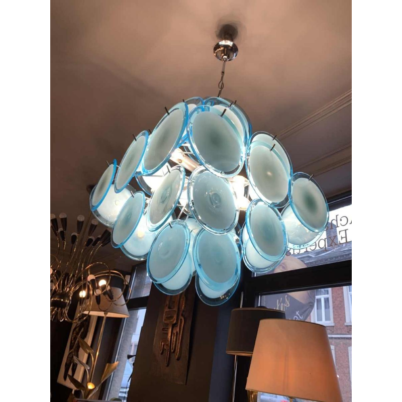 Gino Vistosi (Murano), Blue Design Chandelier, 36 glass disc plates, circa 1960