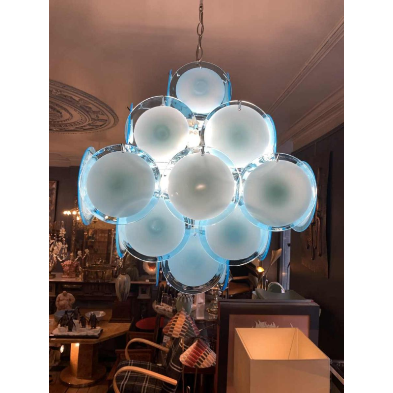 Gino Vistosi (Murano), blauwe design kroonluchter, 36 glazen schijfplaten, 1960