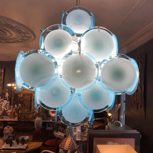 Gino Vistosi (Murano), Lustre Design bleu, 36 plaques disques verre, circa 1960