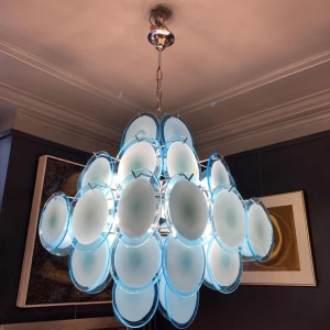 Gino Vistosi (Murano), Lustre Design bleu, 36 plaques disques verre, circa 1960