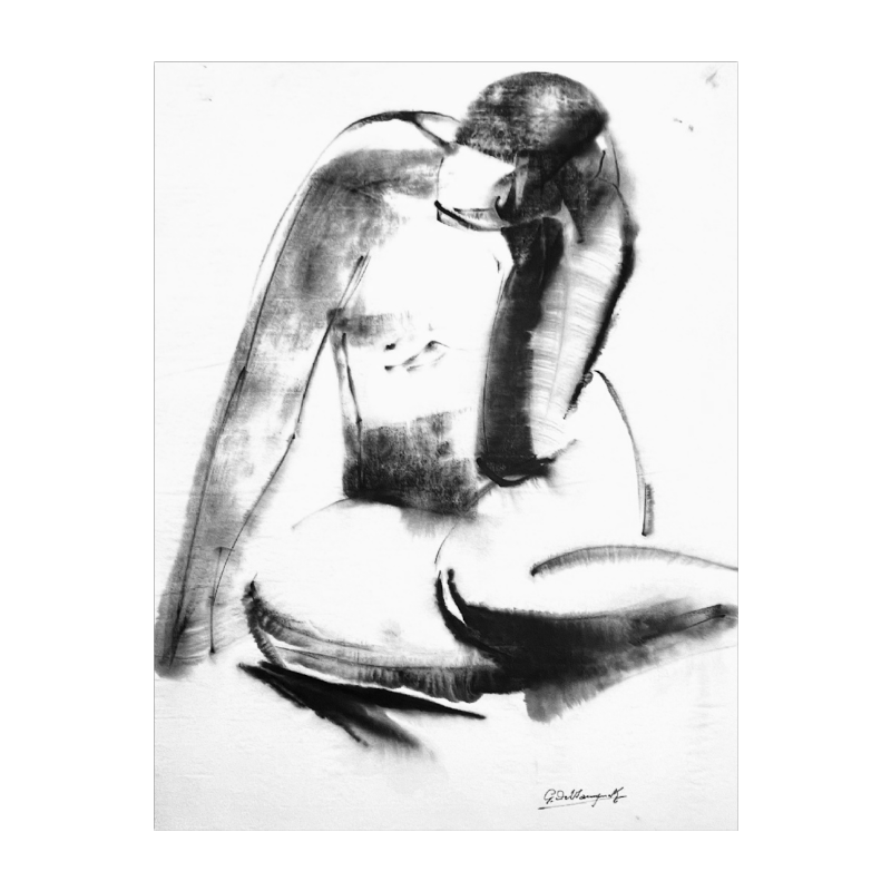 GEORGES (Géo) DE VLAMYNCK 'Abstract vrouwelijk naakt B' schilderij / gemengde techniek, houtskoolinkt krijt op nat papier