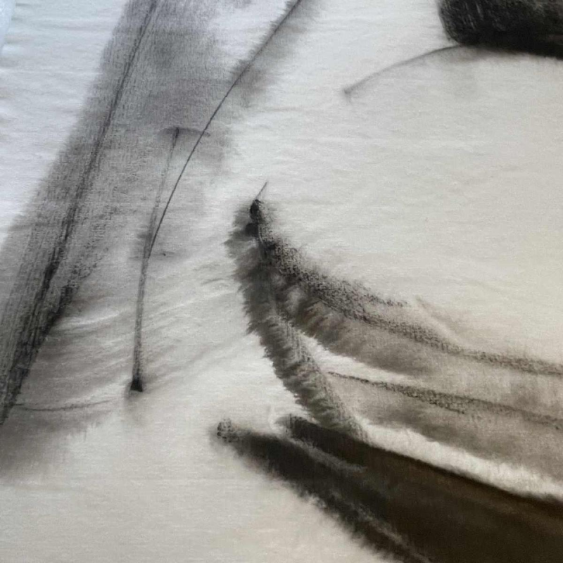 GEORGES (Géo) DE VLAMYNCK 'Abstract vrouwelijk naakt B' schilderij / gemengde techniek, houtskoolinkt krijt op nat papier