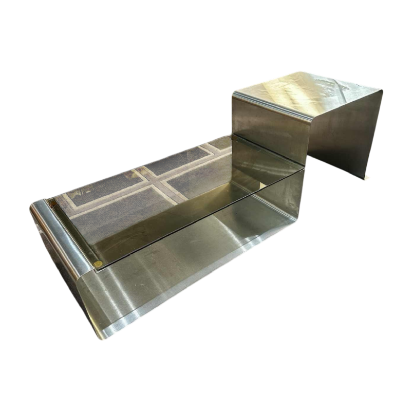 François Monnet pour Roche Bobois, table basse plexigas fumé et inox chromé, ca 1970