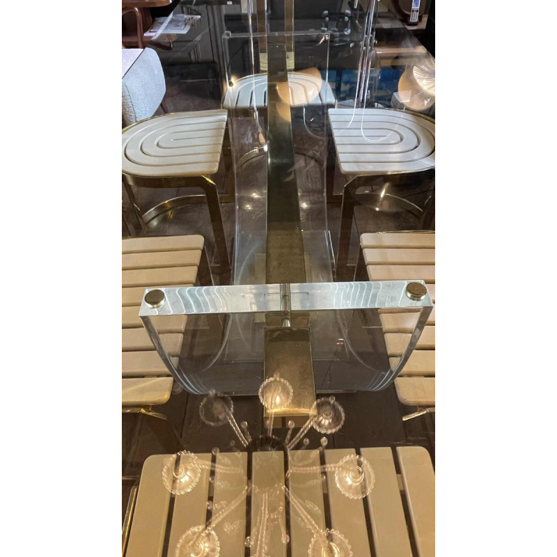 CHARLES HOLLIS JONES, Table de Salle à Manger, Plexiglass & Laiton Hollywood Regency 1970s