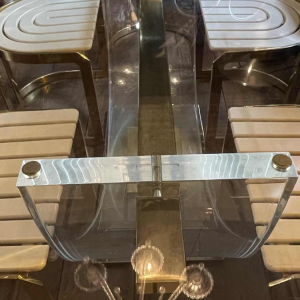 CHARLES HOLLIS JONES, Table de Salle à Manger, Plexiglass & Laiton Hollywood Regency 1970s