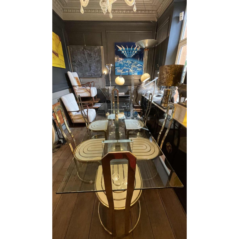 CHARLES HOLLIS JONES, Table de Salle à Manger, Plexiglass & Laiton Hollywood Regency 1970s