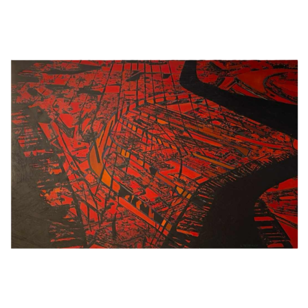 Serge Detriaux “City Plan” abstract painting, oil on panel, ca. 1988