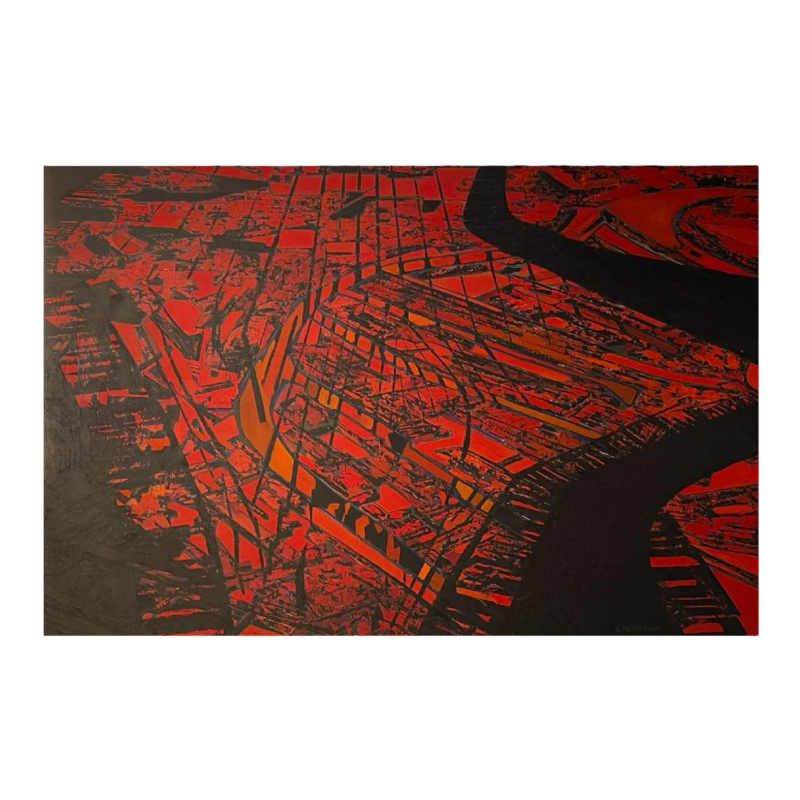 Serge Detriaux “Stadskaart” abstract schilderij olieverf op paneel, ca. 1988