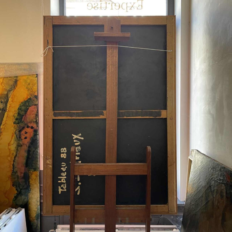 Serge Detriaux, abstract schilderij "Stadsplan", olieverf op paneel, ca. 1988