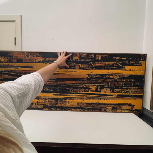 Serge Detriaux, oranje en zwart abstract schilderij, olieverf op paneel, 1998