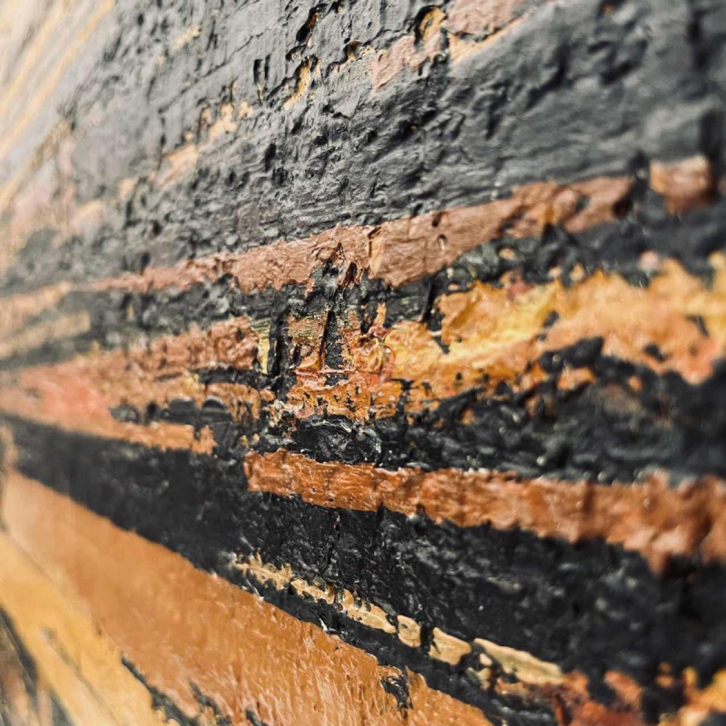 Serge Detriaux, orange and black abstract painting, oil on panel, 1998