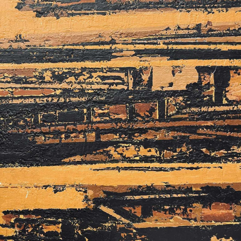 Serge Detriaux, oranje en zwart abstract schilderij, olieverf op paneel, 1998