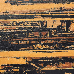 Serge Detriaux, orange and black abstract painting, oil on panel, 1998