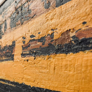 Serge Detriaux, orange and black abstract painting, oil on panel, 1998