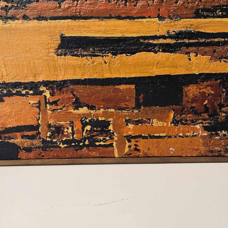 Serge Detriaux, orange and black abstract painting, oil on panel, 1998