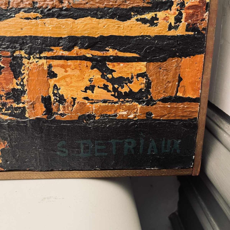 Serge Detriaux, oranje en zwart abstract schilderij, olieverf op paneel, 1998