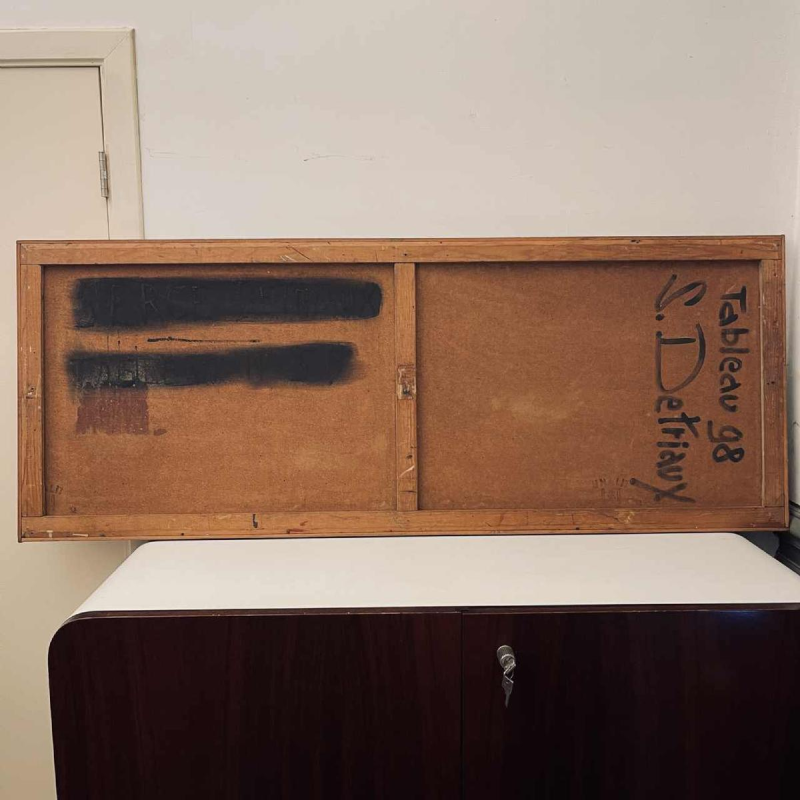 Serge Detriaux, oranje en zwart abstract schilderij, olieverf op paneel, 1998