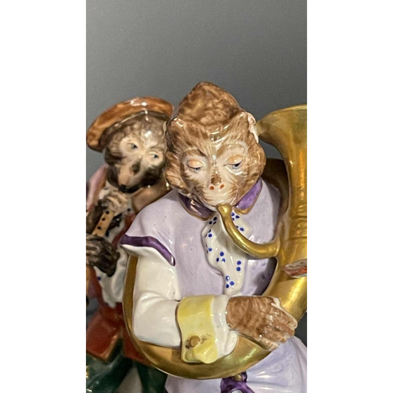 " Singerie " Porcelaine VOLKSTEDT, Groupe de 7 Singes Orchestre Musiciens, 1950s