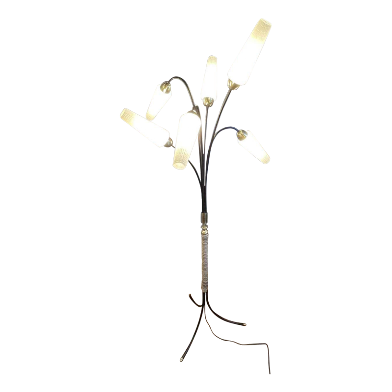 Lampadaire Vintage, style Mathieu Mategot, acier, corde et opaline, ca 1950