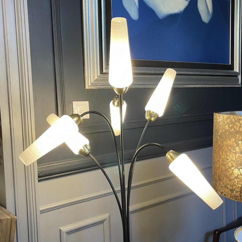 Vintage floor lamp, Mathieu Mategot style, steel, rope and opaline, ca 1950