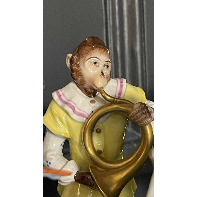 " Singerie " Porselein VOLKSTEDT, Groep van 7 Apen Orkestmuzikanten Band, 1950's