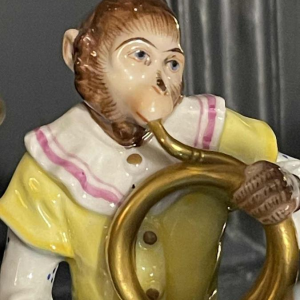 " Singerie " Porcelaine VOLKSTEDT, Groupe de 7 Singes Orchestre Musiciens, 1950s