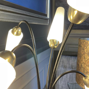 Vintage floor lamp, Mathieu Mategot style, steel, rope and opaline, ca 1950