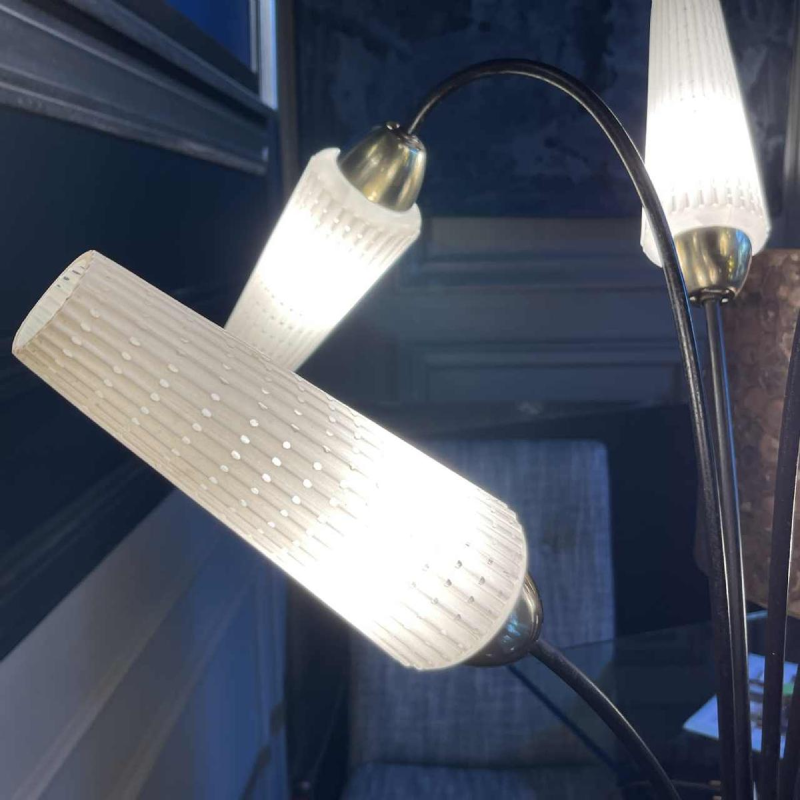 Vintage floor lamp, Mathieu Mategot style, steel, rope and opaline, ca 1950