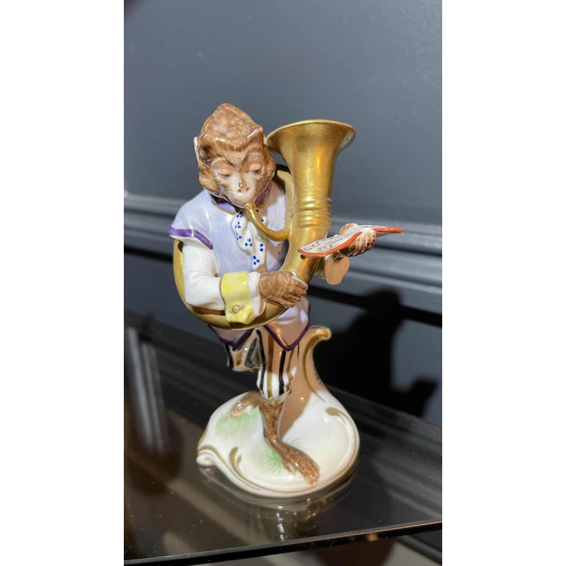 " Singerie " Porcelaine VOLKSTEDT, Groupe de 7 Singes Orchestre Musiciens, 1950s