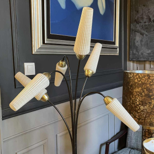 Vintage floor lamp, Mathieu Mategot style, steel, rope and opaline, ca 1950