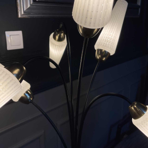 Lampadaire Vintage, style Mathieu Mategot, acier, corde et opaline, ca 1950