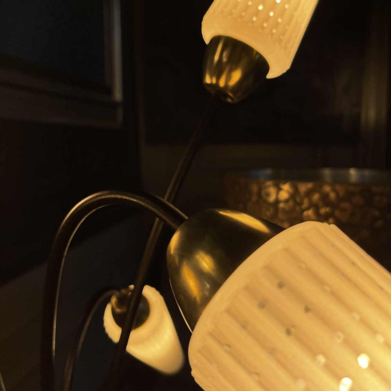 Lampadaire Vintage, style Mathieu Mategot, acier, corde et opaline, ca 1950