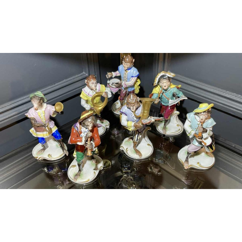 " Singerie " Porselein VOLKSTEDT, Groep van 7 Apen Orkestmuzikanten Band, 1950's