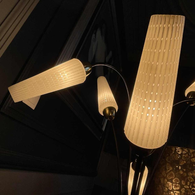 Lampadaire Vintage, style Mathieu Mategot, acier, corde et opaline, ca 1950
