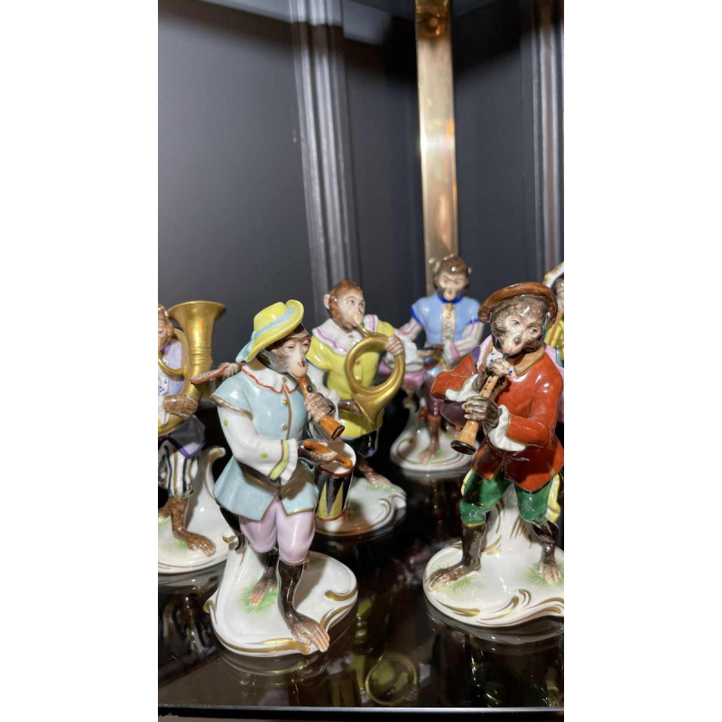 " Singerie " Porcelaine VOLKSTEDT, Groupe de 7 Singes Orchestre Musiciens, 1950s