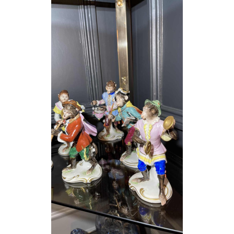 " Singerie " Porselein VOLKSTEDT, Groep van 7 Apen Orkestmuzikanten Band, 1950's