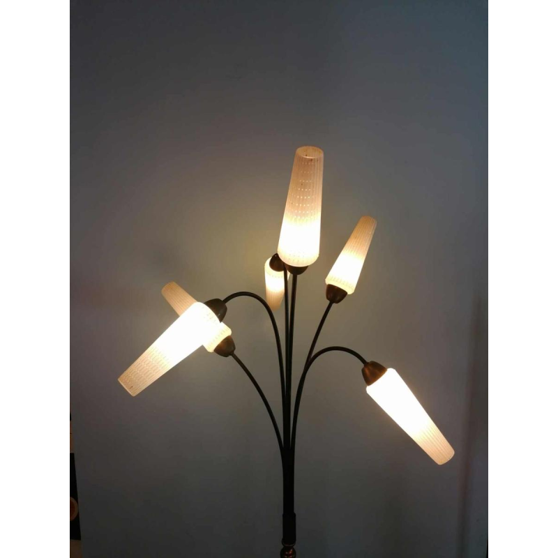 Vintage staande lamp, Mathieu Mategot stijl, staal, touw en opaline, ca 1950