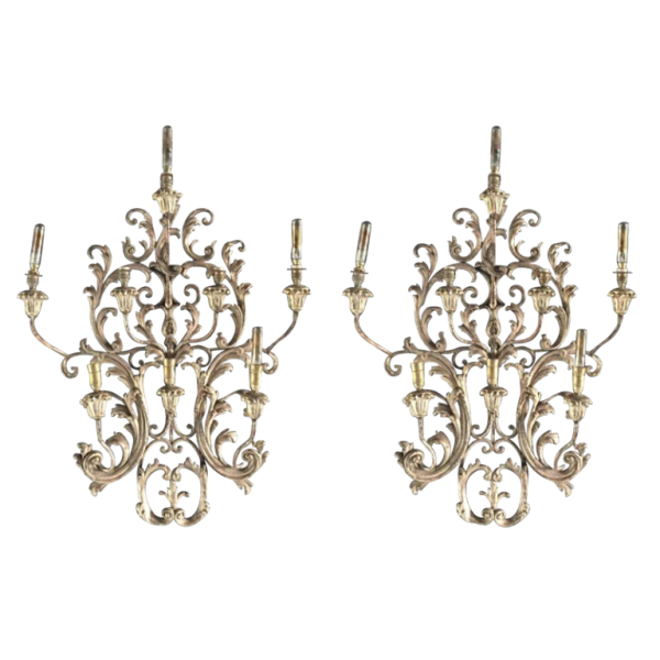 Paire de grandes appliques argentées Louis XV Rocaille 77 cm, bois stuqué, 1940