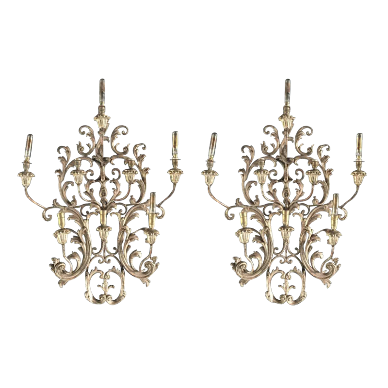 Paire de grandes appliques argentées Louis XV Rocaille 77 cm, bois stuqué, 1940