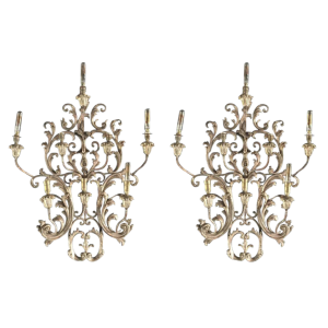 Paire de grandes appliques argentées Louis XV Rocaille 77 cm, bois stuqué, 1940