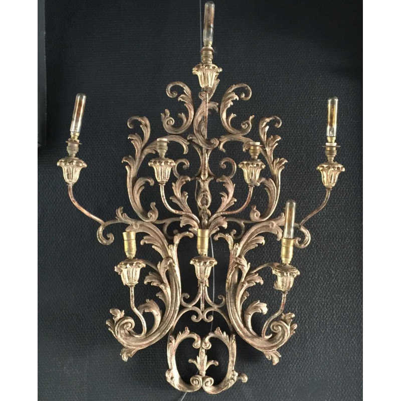 Paire de grandes appliques argentées Louis XV Rocaille 77 cm, bois stuqué, 1940
