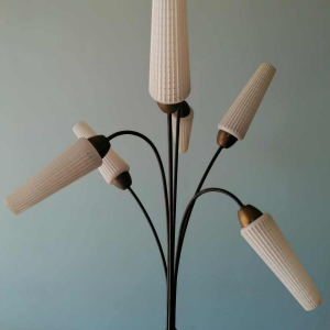 Vintage floor lamp, Mathieu Mategot style, steel, rope and opaline, ca 1950