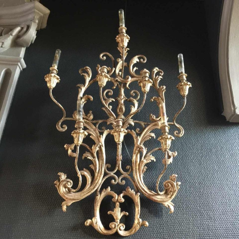 Pair of large silver Louis XV Rocaille wall sconces 30 inch, stuccoed wood, 1940