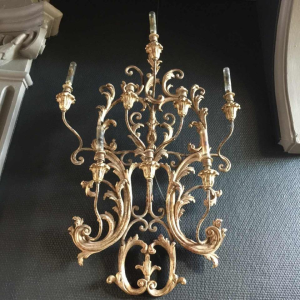 Pair of large silver Louis XV Rocaille wall sconces 30 inch, stuccoed wood, 1940