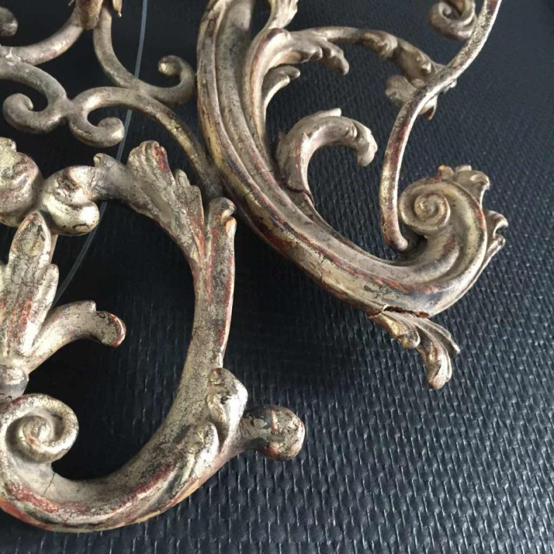 Pair of large silver Louis XV Rocaille wall sconces 30 inch, stuccoed wood, 1940