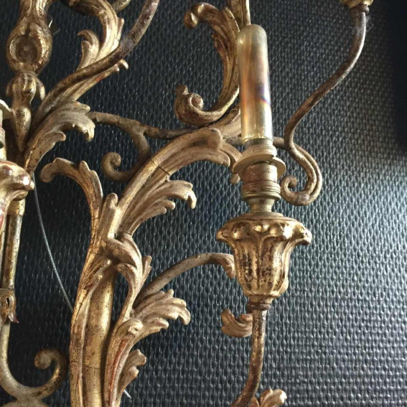 Pair of large silver Louis XV Rocaille wall sconces 30 inch, stuccoed wood, 1940