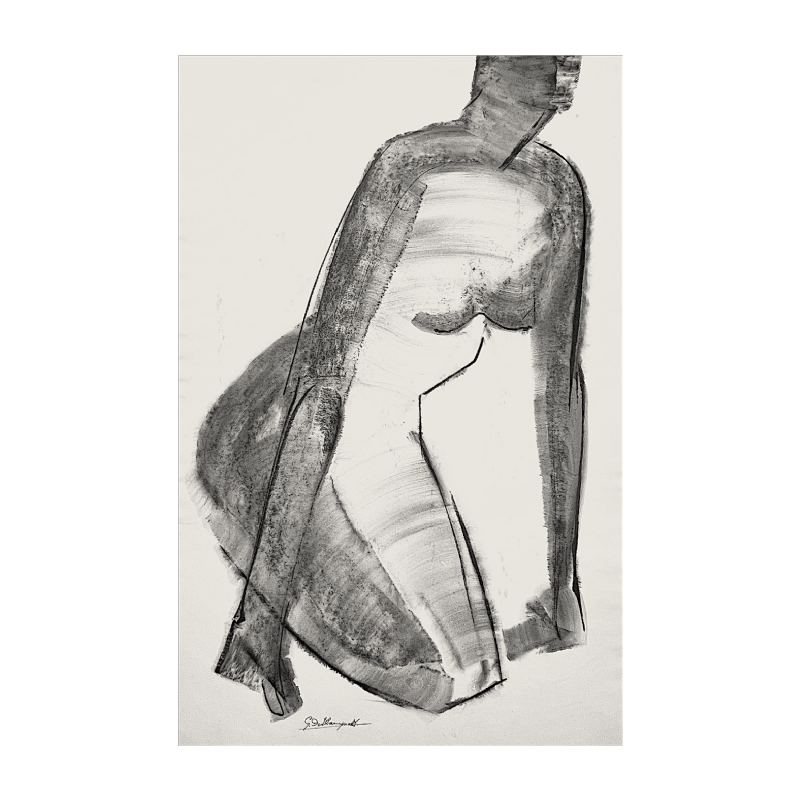 GEORGES (Géo) DE VLAMYNCK 'Nu de Femme Abstrait C' schilderij / gemengde techniek, houtskoolinkt krijt op nat papier