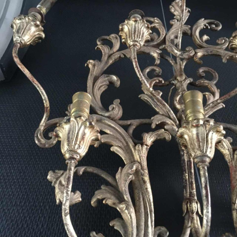Pair of large silver Louis XV Rocaille wall sconces 30 inch, stuccoed wood, 1940