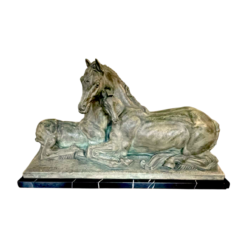 MAURICE WAUCQUEZ ‘Repos’ mare and foal, Art Deco terracotta equestrian sculpture, circa 1935