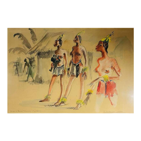 Paul Daxhelet “Afrikaanse dansers, eerste moeders, Ecuador” Afrikanistisch schilderij, ca. 1950